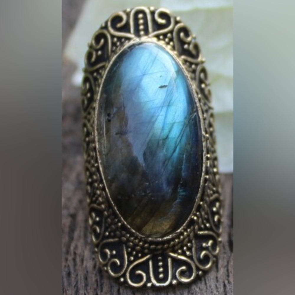 🎁❄️🔮🌌Genuine Labradorite Gemstone Adjustable Bronze Ring
